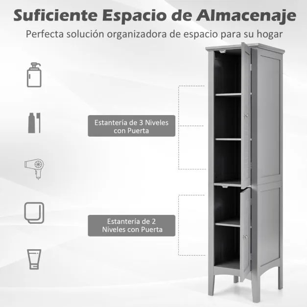 Armário de casa de banho alto com 5 níveis de arrumação estreito 37 x 37 x 160 cm Cinzento