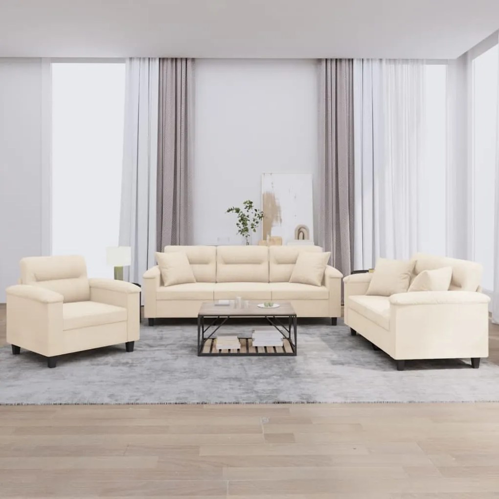 3 pcs conjunto sofás c/ almofadas tecido de microfibra bege