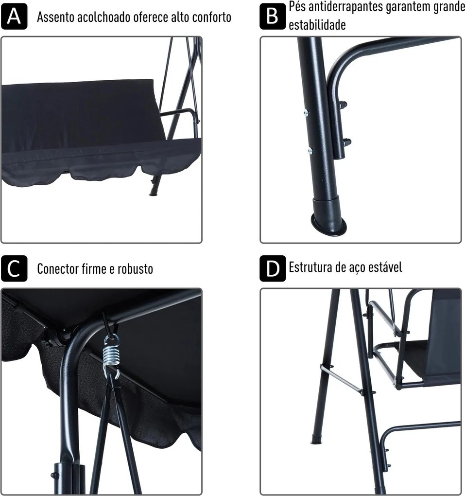Baloiço de Jardim de Metal 3 lugares com Toldo Ajustável e Almofada  172x110x153 cm Preto