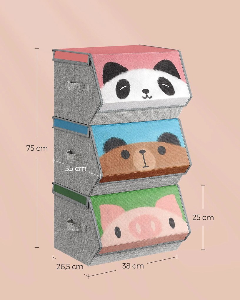 Conjunto de 3 caixas de arrumação 38 x 35 x 75 cm com desenhos de panda, urso e porco