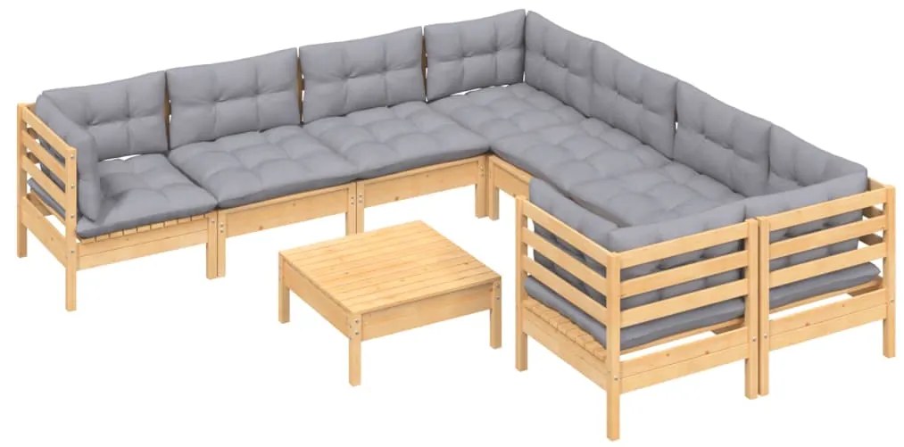 9 pcs conjunto lounge de jardim c/ almofadões cinzentos pinho