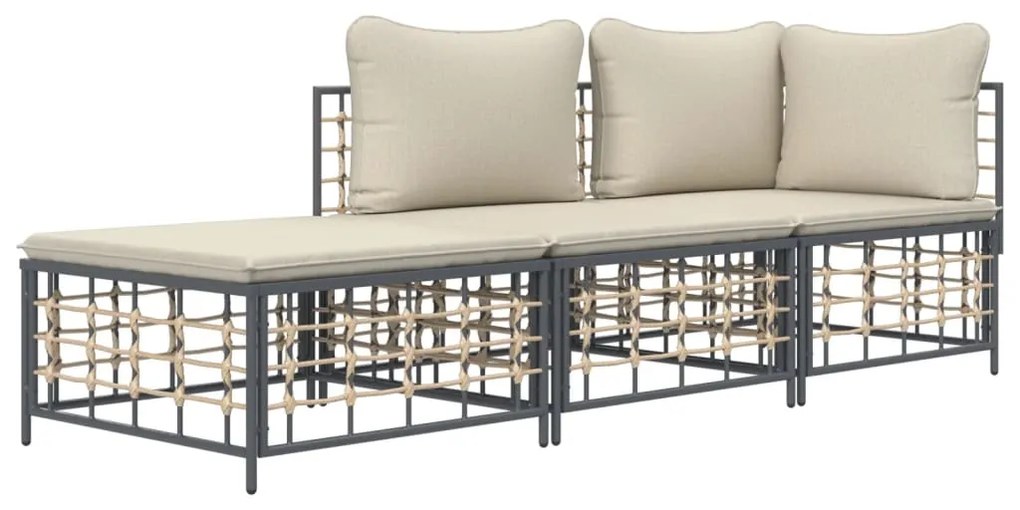 3 pcs conjunto lounge de jardim c/ almofadões vime PE antracite