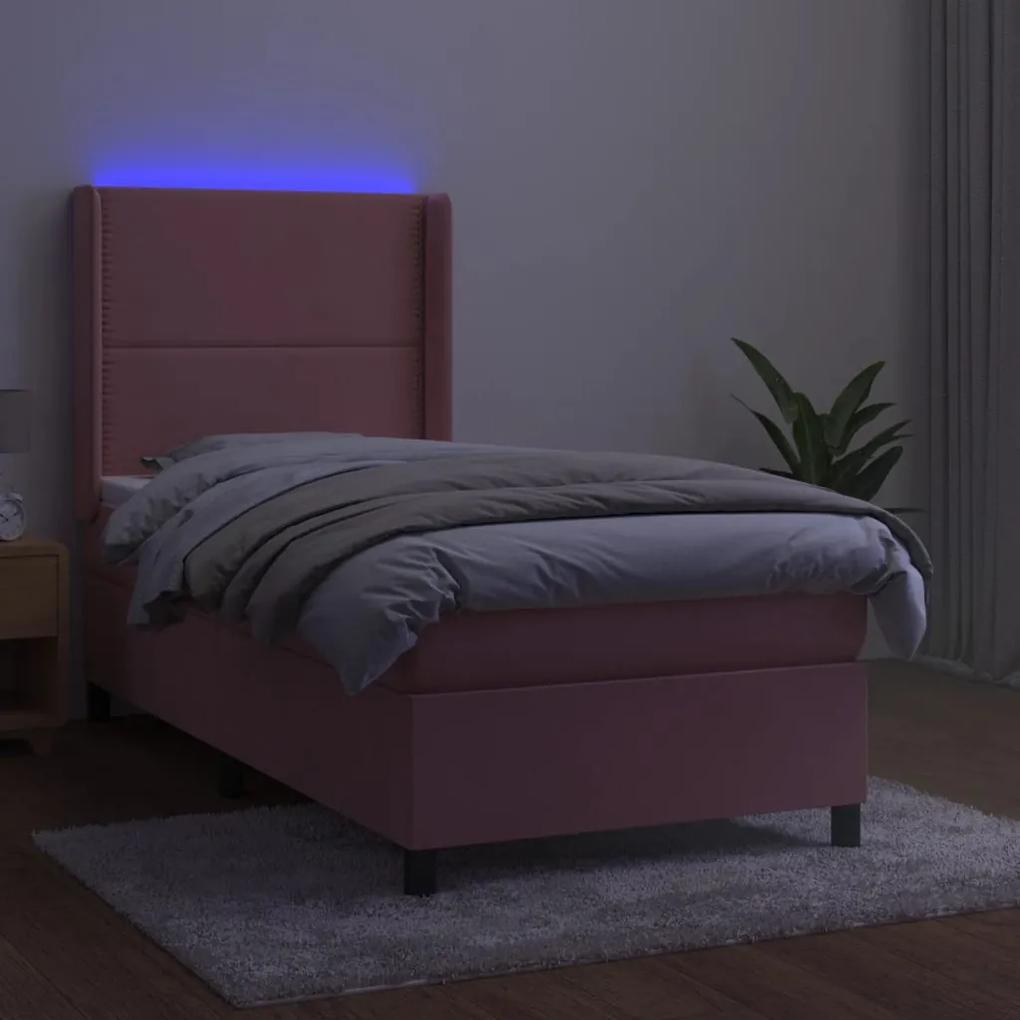 Cama box spring c/ colchão/LED 90x200 cm veludo rosa