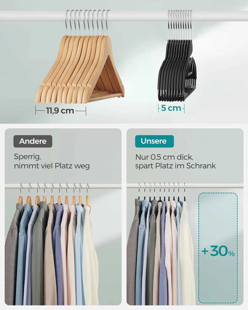 Conjunto 50 Cabides de plástico antiderrapante, compacto, preto