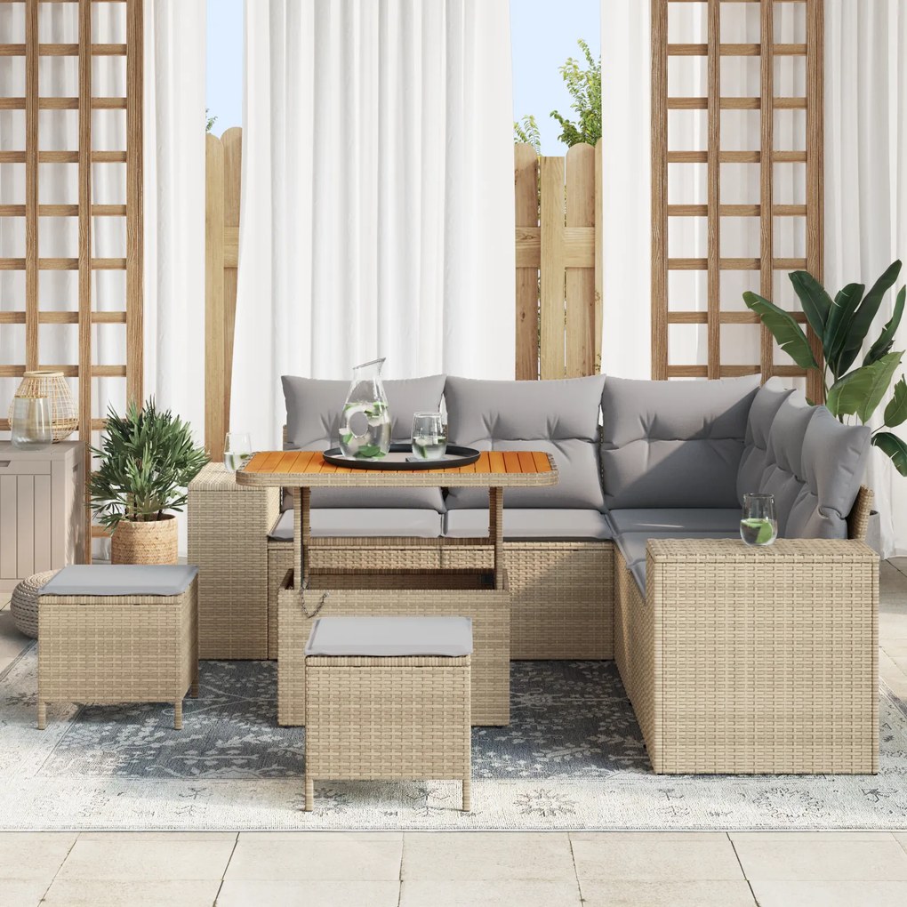 Conjunto de Sofá de Jardim de 8 Peças com Almofadas Bege Rattan PE Acá