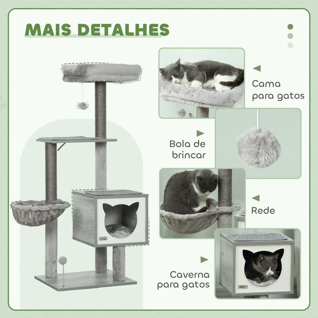 Arranhador para Gatos com Plataforma Rede Caverna Cama Postes de Sisal e Bolas de Brincar 48x40x126 cm Cinza