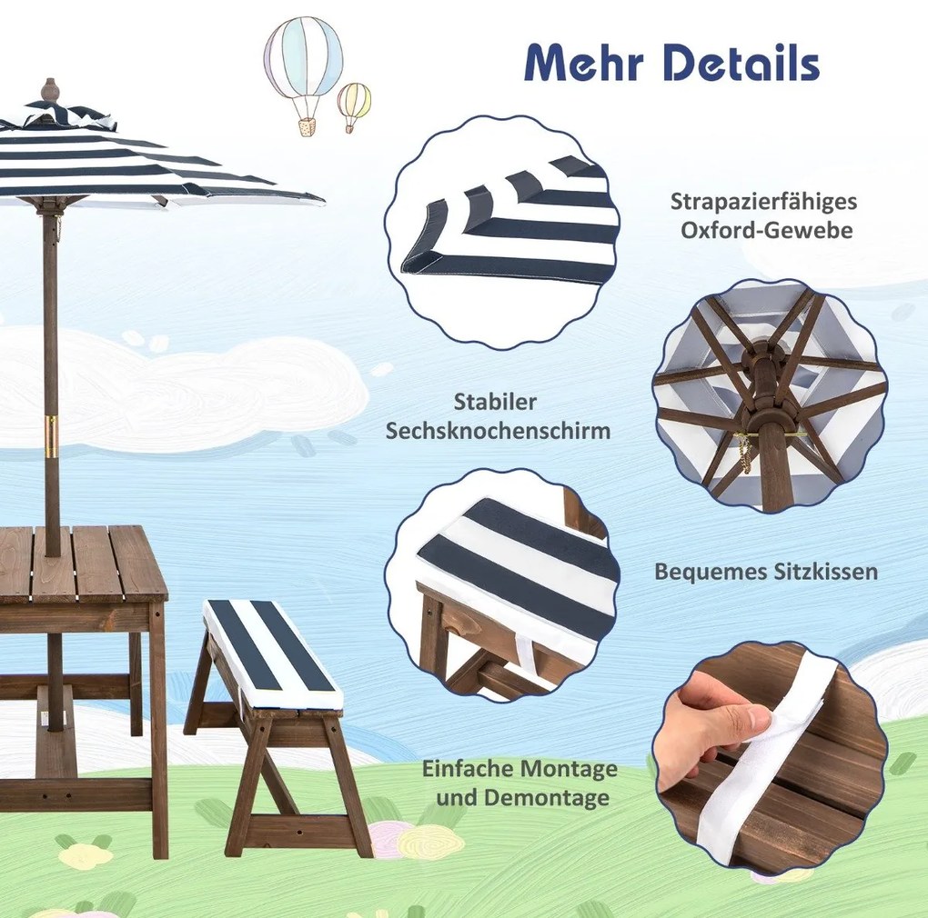 Conjunto de mesa e banco infantil com guarda-chuva e almofadas para atividades internas e externas - marrom