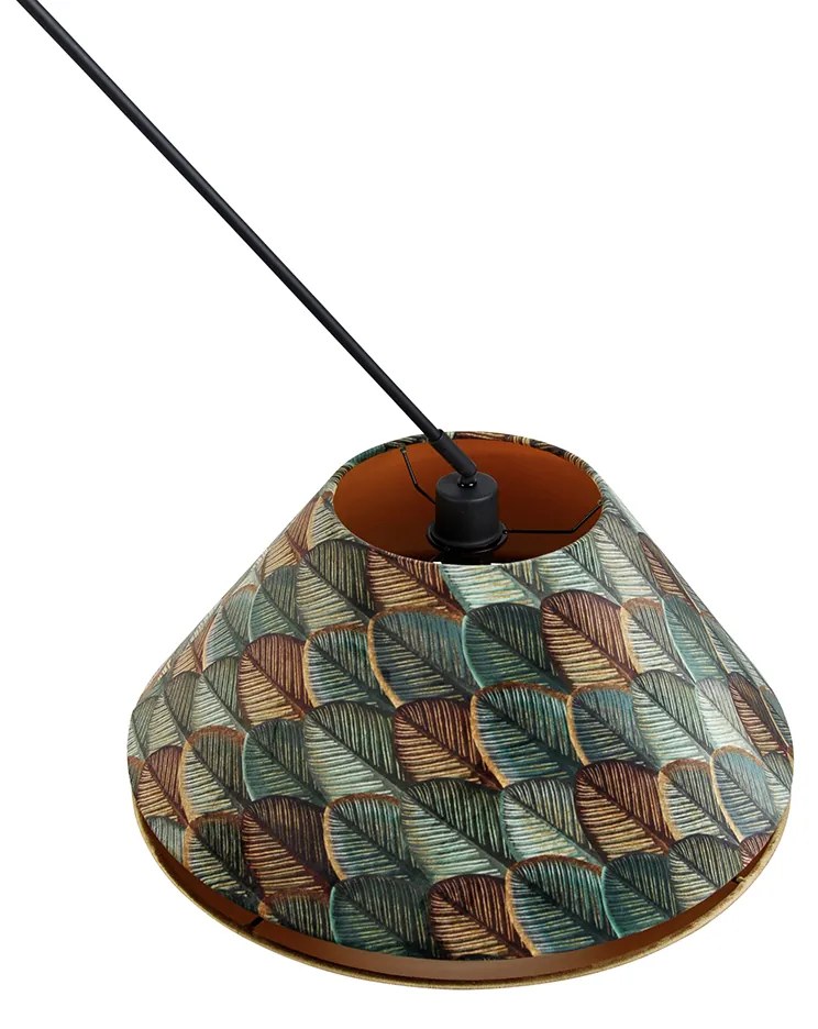 Candeeiro Pendente Preto com Abajur Duplo em Veludo, Design Folha e Bege - Blitz