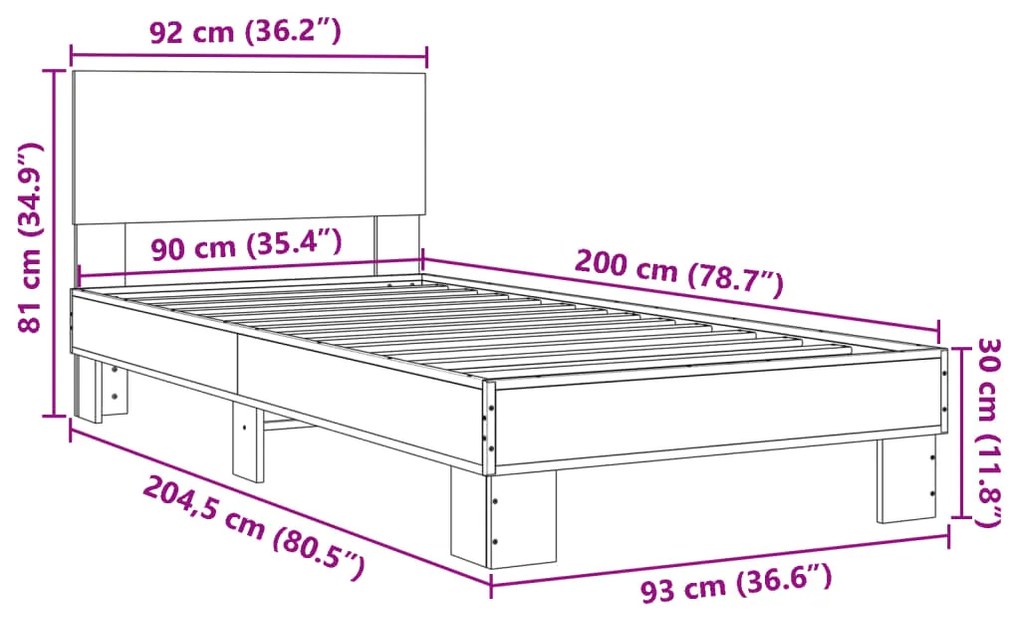 Estrutura de cama derivados de madeira e metal cinzento sonoma