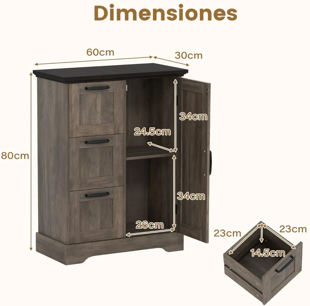 Aparador estilo de fazenda 60 x 30 x 80 cm com porta de celeiro e 3 gavetas de armazenamento Café