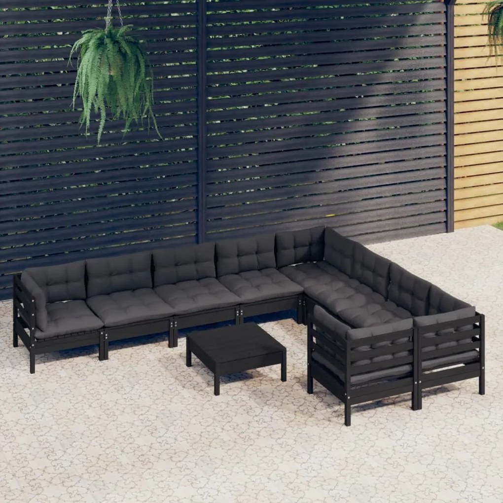 vidaXL 10 pcs conjunto lounge de jardim c/ almofadões pinho preto