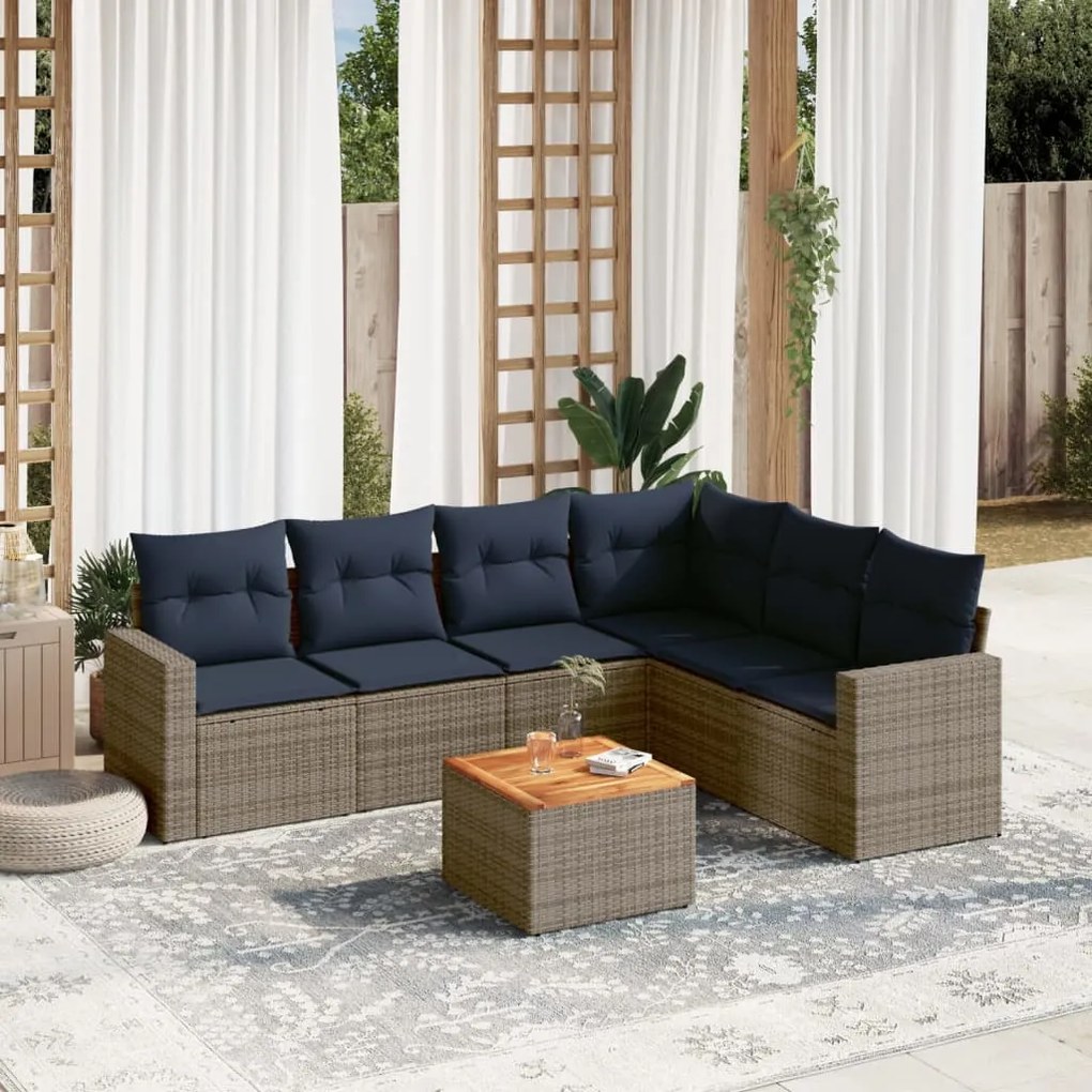 vidaXL 7 pcs conjunto sofás p/ jardim c/ almofadões vime PE cinzento