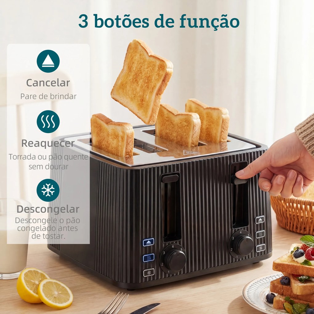 Torradeira de 4 Ranhuras Largas 7 Níveis de Torragem Função Descongelar Aquecer e Cancelar Bandeja Removível Preto