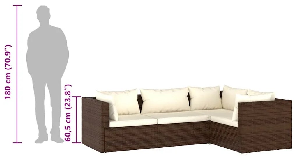 4 pcs conjunto lounge jardim c/ almofadões vime PE castanho