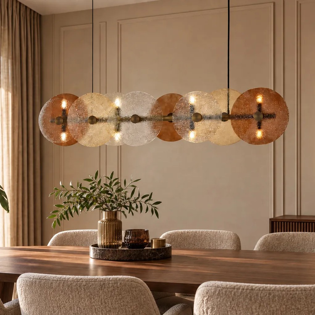 Candeeiro Suspenso Art Deco Bronze com Vidro Âmbar Linear 8 Luzes - Text