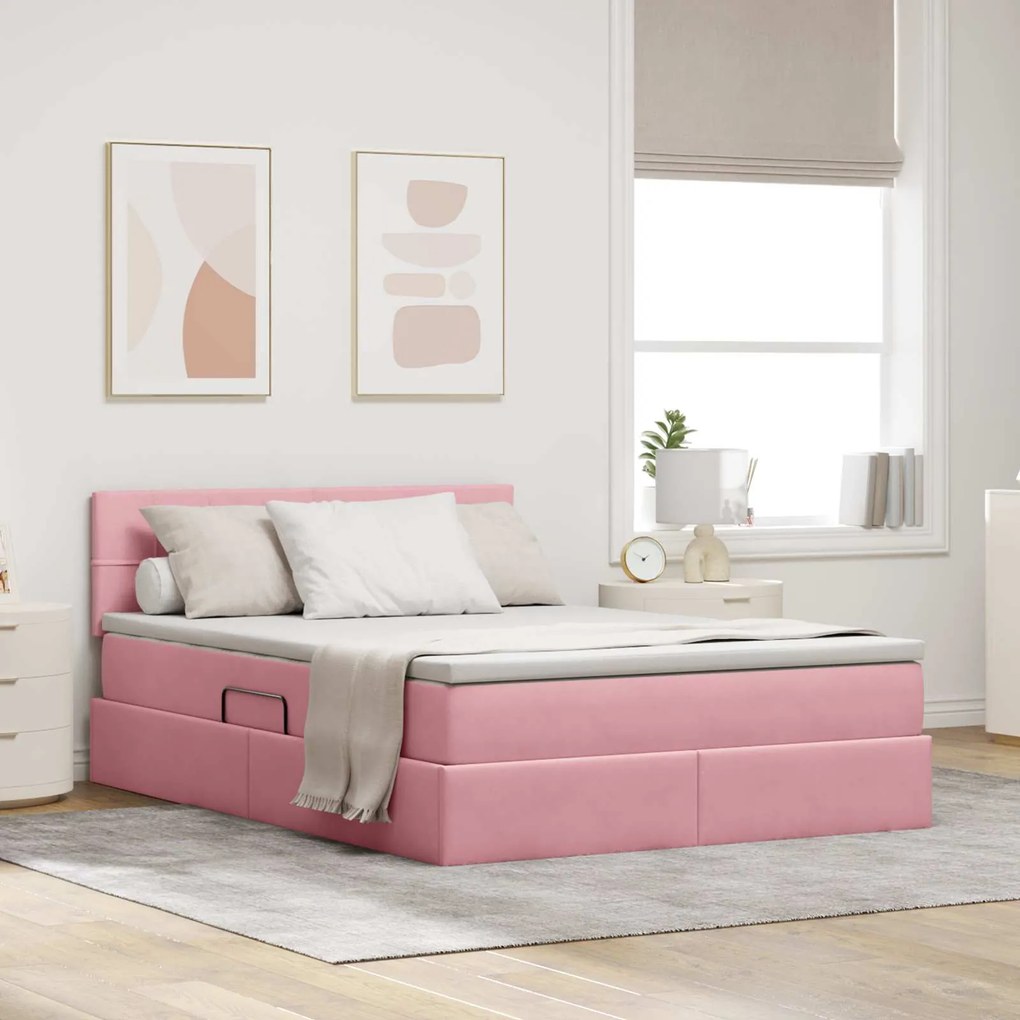vidaXL Cama com arrumação e LED com colchão Rosa 140 x 190 cm Veludo