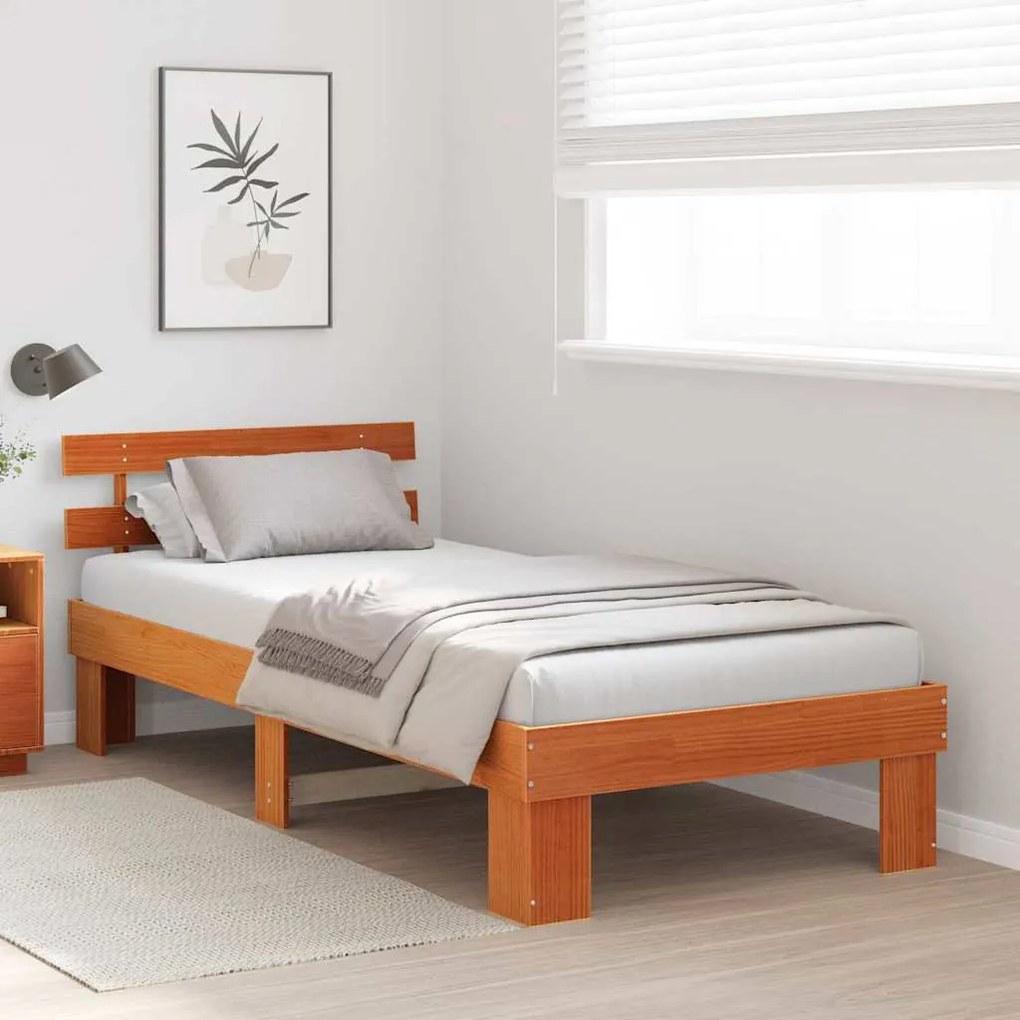 Estrado de Cama com Cabeceira Castanho Encerado 90x190 cm Madeira Maci
