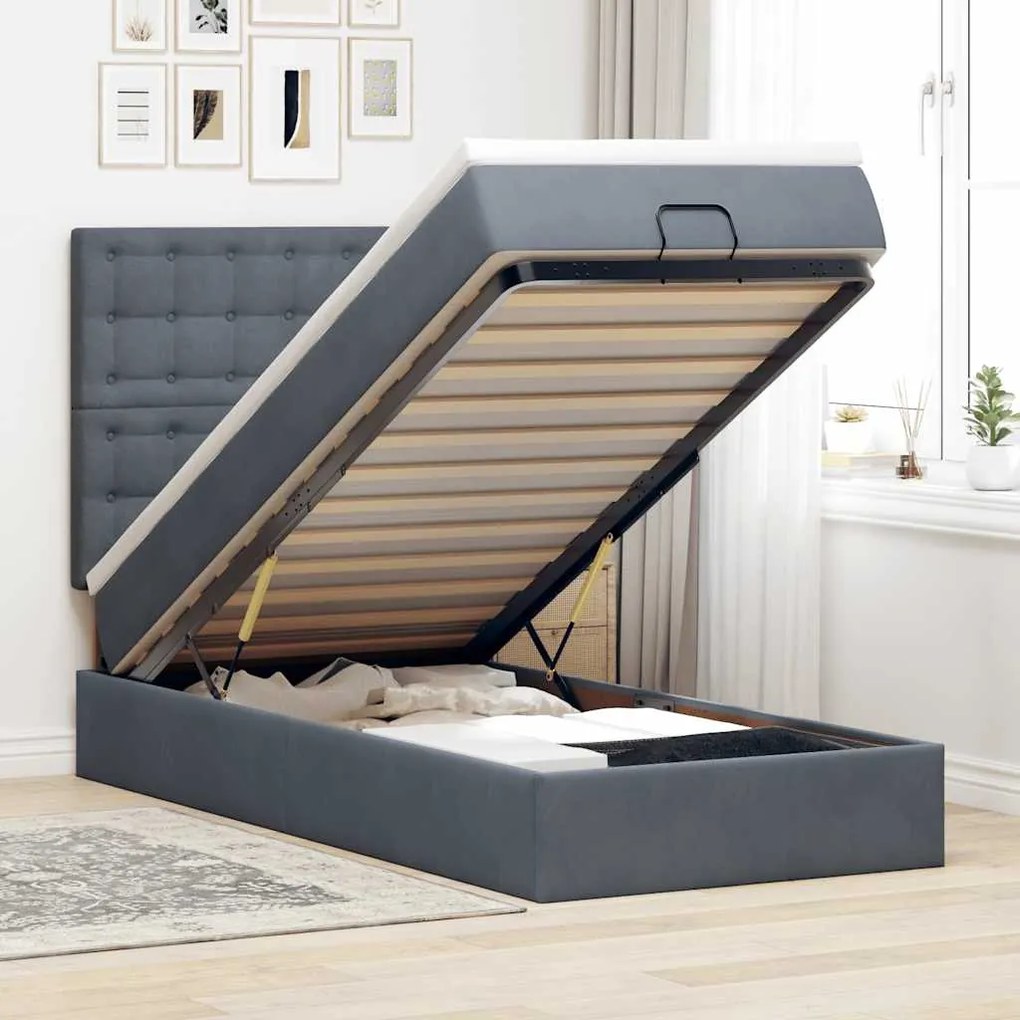 Estrutura cama otomana colchões 90x190cm veludo cinzento escuro