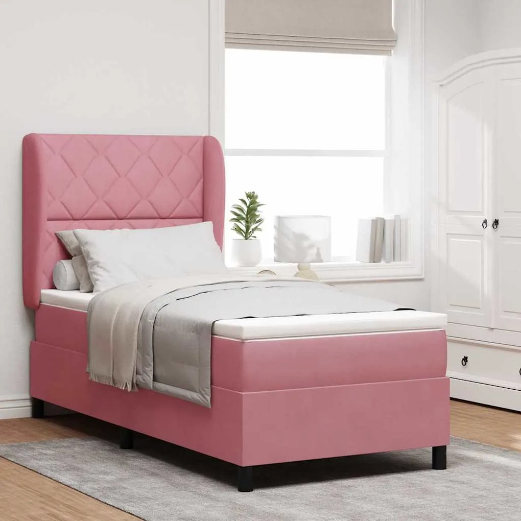 vidaXL Cama Box com colchão com cabeceira Rosa 190 x 90 cm Poliéster