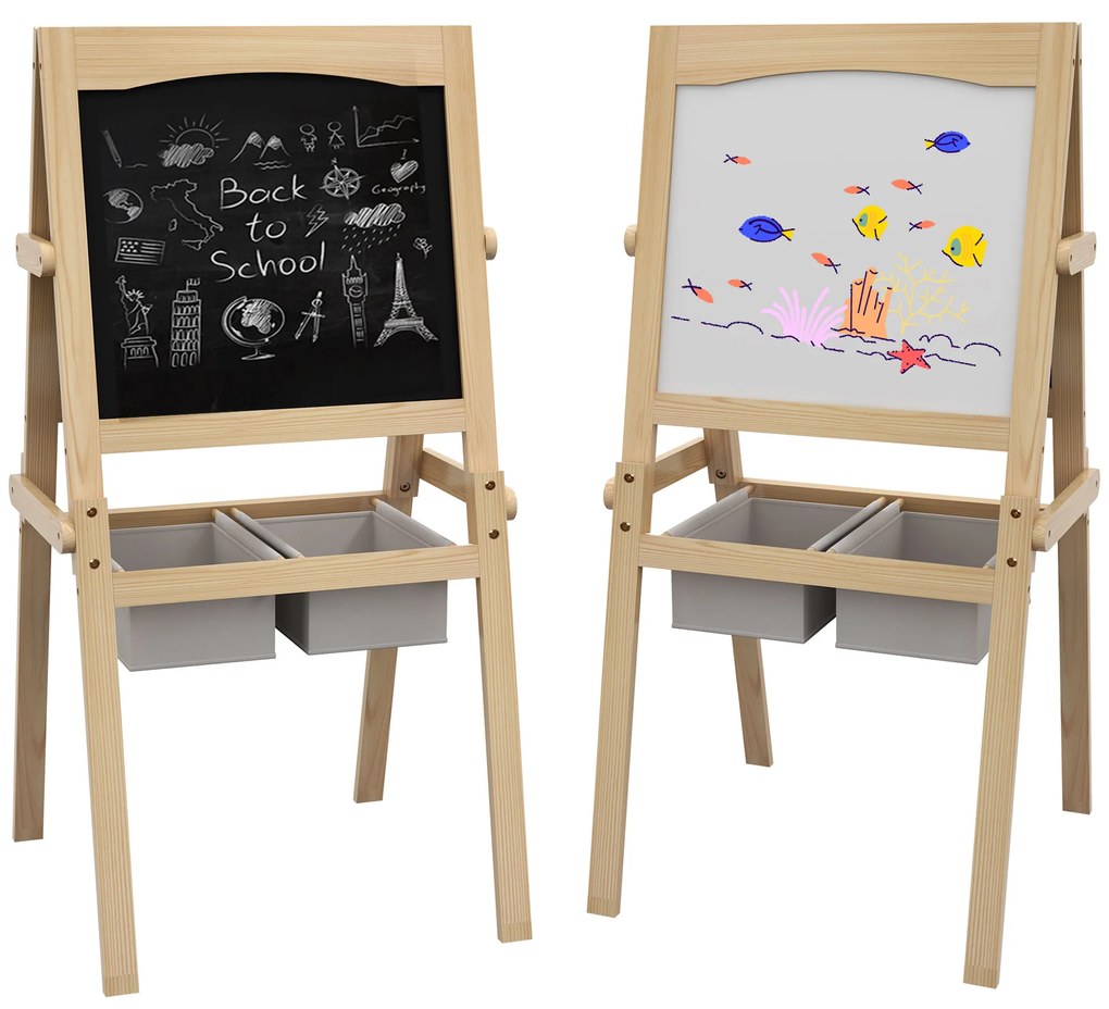 AIYAPLAY Cavalete para Crianças 3 em 1 Cavalete Duplo com Quadro preto e Quadro Branco Cavalete de Madeira para Desenhos com Rolo de Papel e 2 Cestas 58x50,5x109 cm Madeira