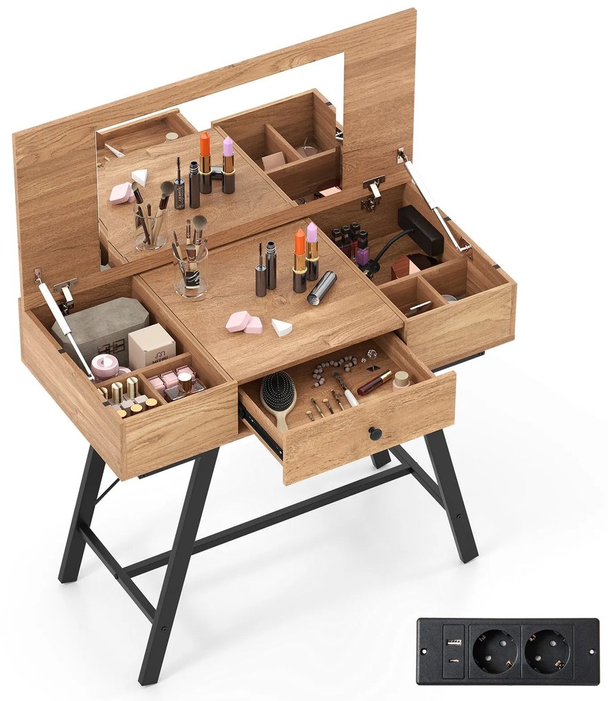 Conjunto de penteadeira com espelho, mesa de maquiagem com estação de carregamento, gavetas, prateleiras abertas e armário de espelho para café