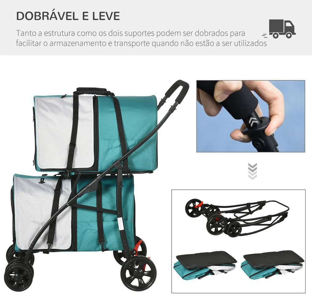 Carrinho Duplo para Cães Gatos Dobrável com 2 Transportadoras Portáteis Cinto de Segurança 66x50x98 cm Turquesa e Cinza