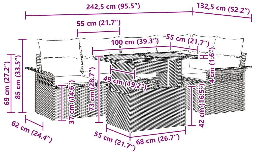 Conjunto de 6 Peças de Sofás de Jardim com Almofadas Rattan Polipropil
