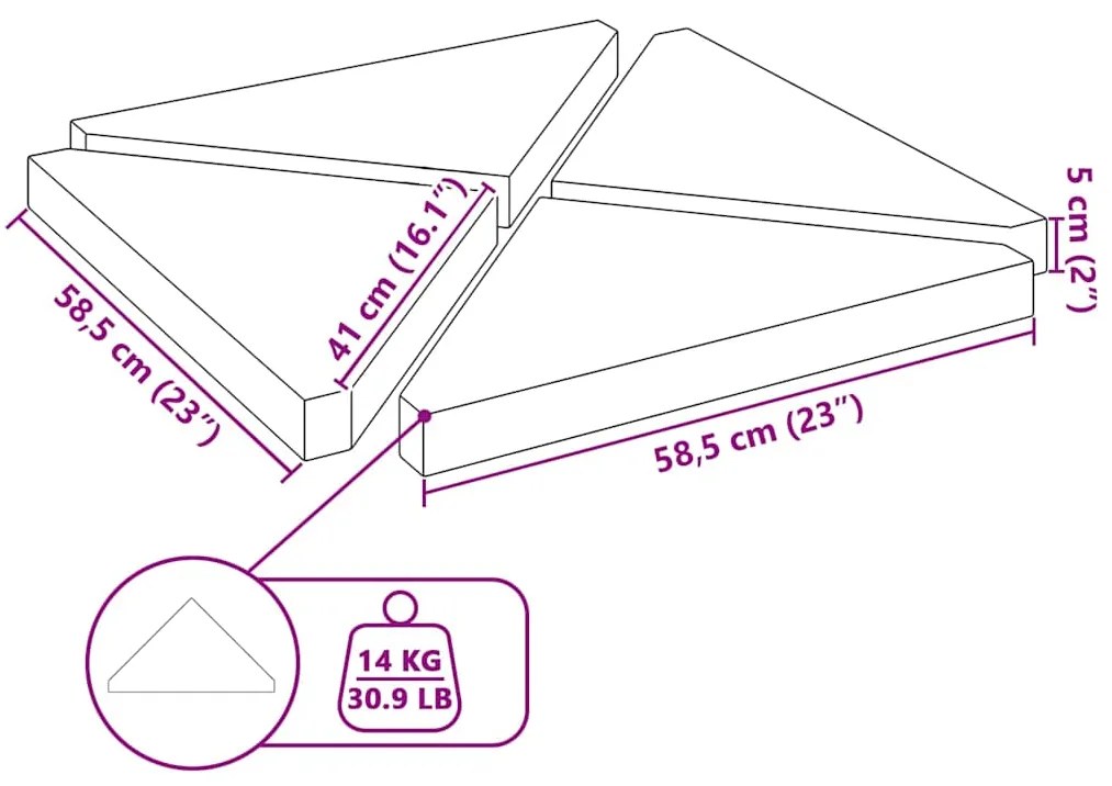 Placas peso guarda-sol triangulares 4 pcs granito 14kg cinzento