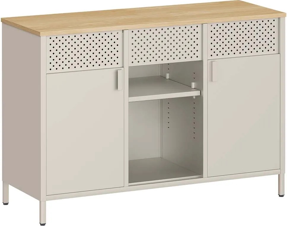 Armário metálico cozinha ou escritório 40 x 110 x 76 cm com prateleiras ajustáveis e fecho magnético bege areia-carvalho natural
