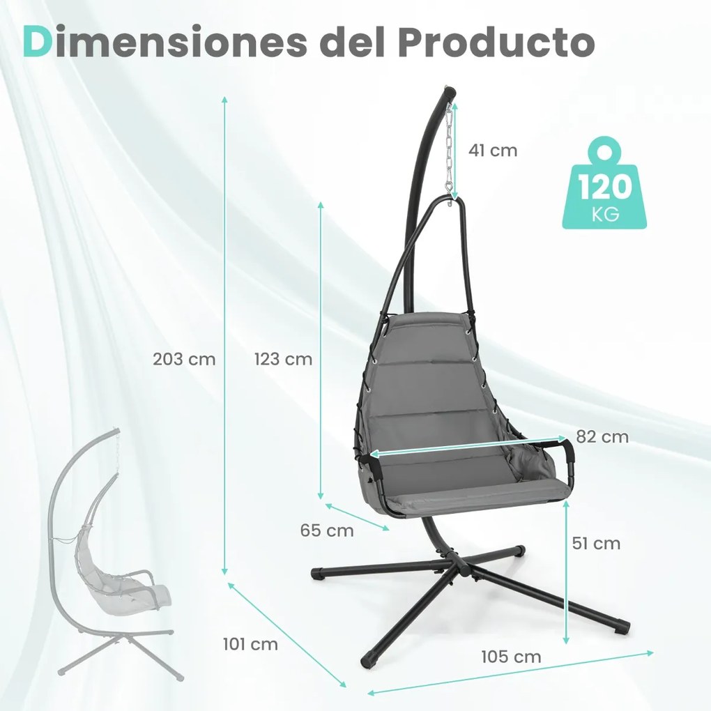 Cadeira suspensa jardim com apoio Assento almofadado Estrutura metálica robusta para varanda jardim Sala de estar 105 x 101 x 203 cm Cinzenta