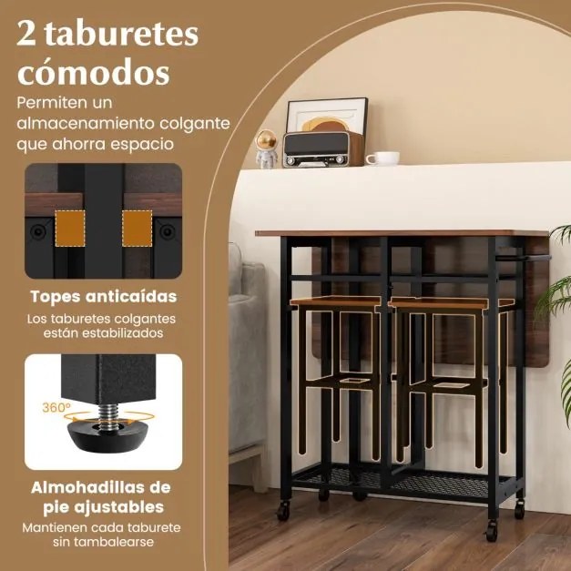 Conjunto de mesa de jantar alta dobravel com 2 bancos Estante para 6 garrafas, prateleiras e pega lateral para cozinha Castanho