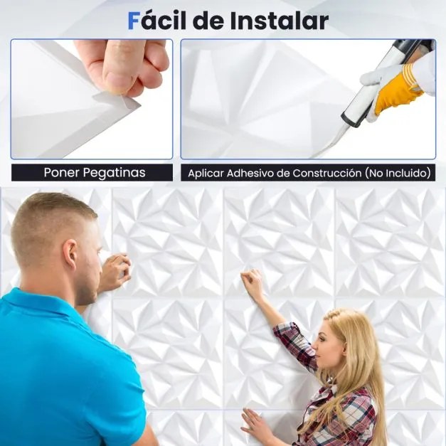 Conjunto de 40 painéis de parede 3D em forma de losango para sala de estar, quarto 50 x 50 x 4,5 cm branco