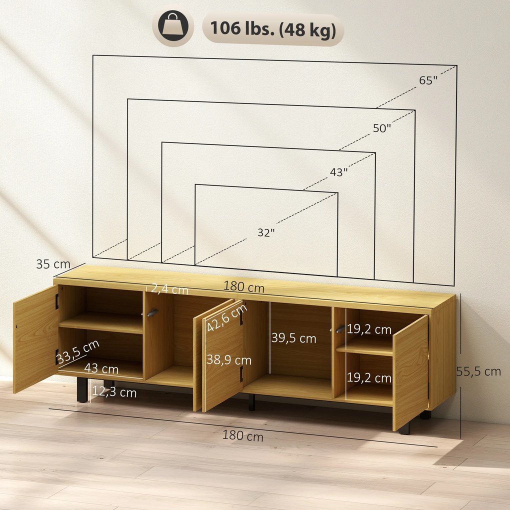 Móvel para televisão de 180 cm, móvel para televisão de 82 polegadas com 4 portas de abertura por pressão, 180 x 35 x 55,5 cm, madeira natural