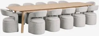 Conjunto De Mesa Extensível 220-320x95 Cm Em Carvalho Treveris E 12 Cadeiras Com Braços Em Tecido Bouclé Jules Castanho Roble - Sklum