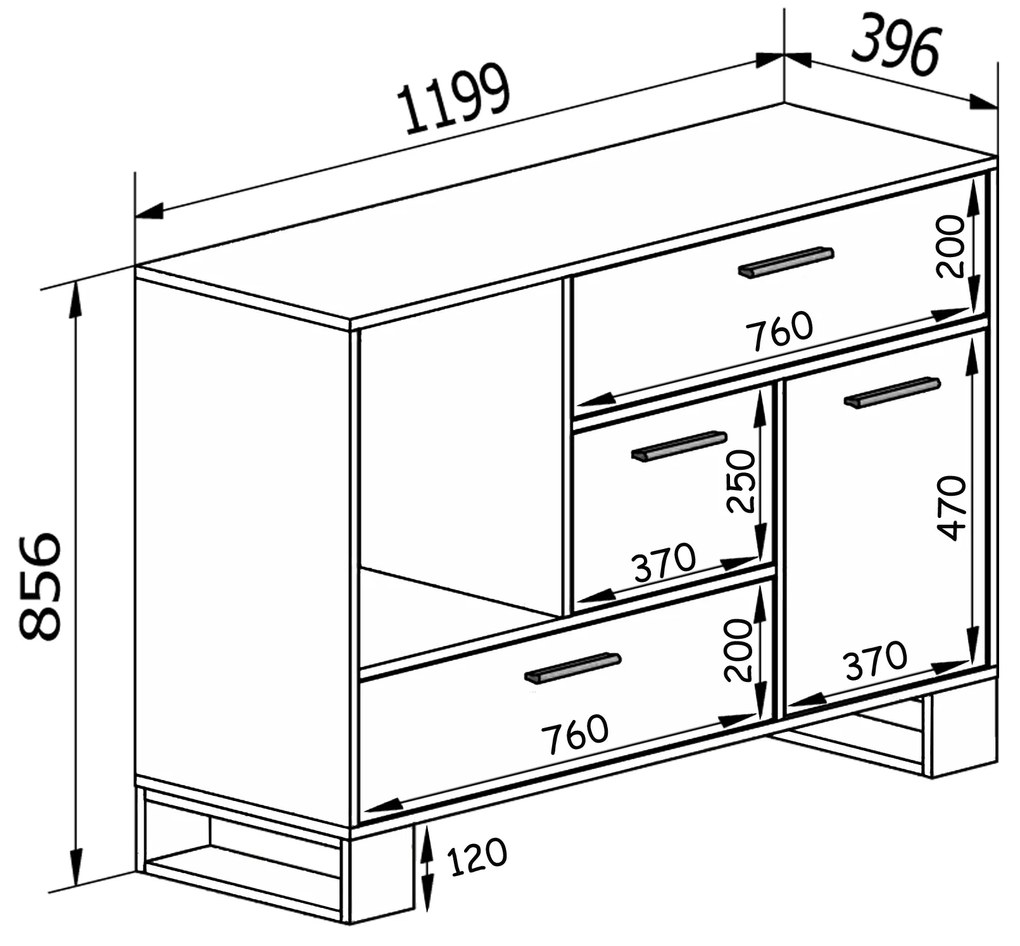 Aparador de sala de jantar, Mobiliário auxiliar Buffet LOFT 1 Porta, 3 gavetas, todas na cor Carvalho Rústico. Medidas: 120x40x86cm.