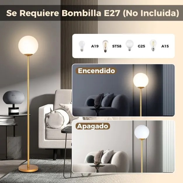 Candeeiro de pé moderno 165 cm com abajur de vidro e base pesada Interruptor de pé Luz decorativa dourado