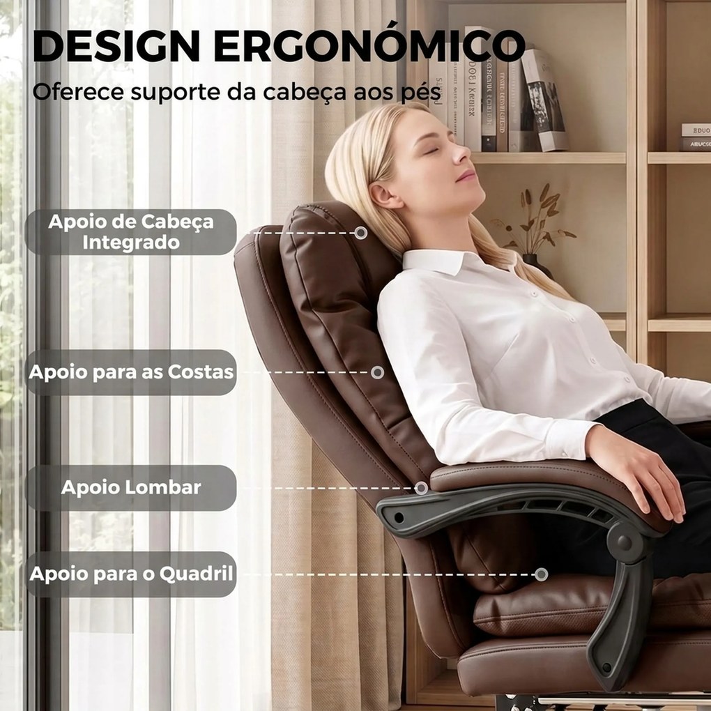 Cadeira de Escritório Ergonómica com Apoio para os Pés Molas Ensacadas Reclinável 155° Encosto Alto Apoio de Cabeça Castanho