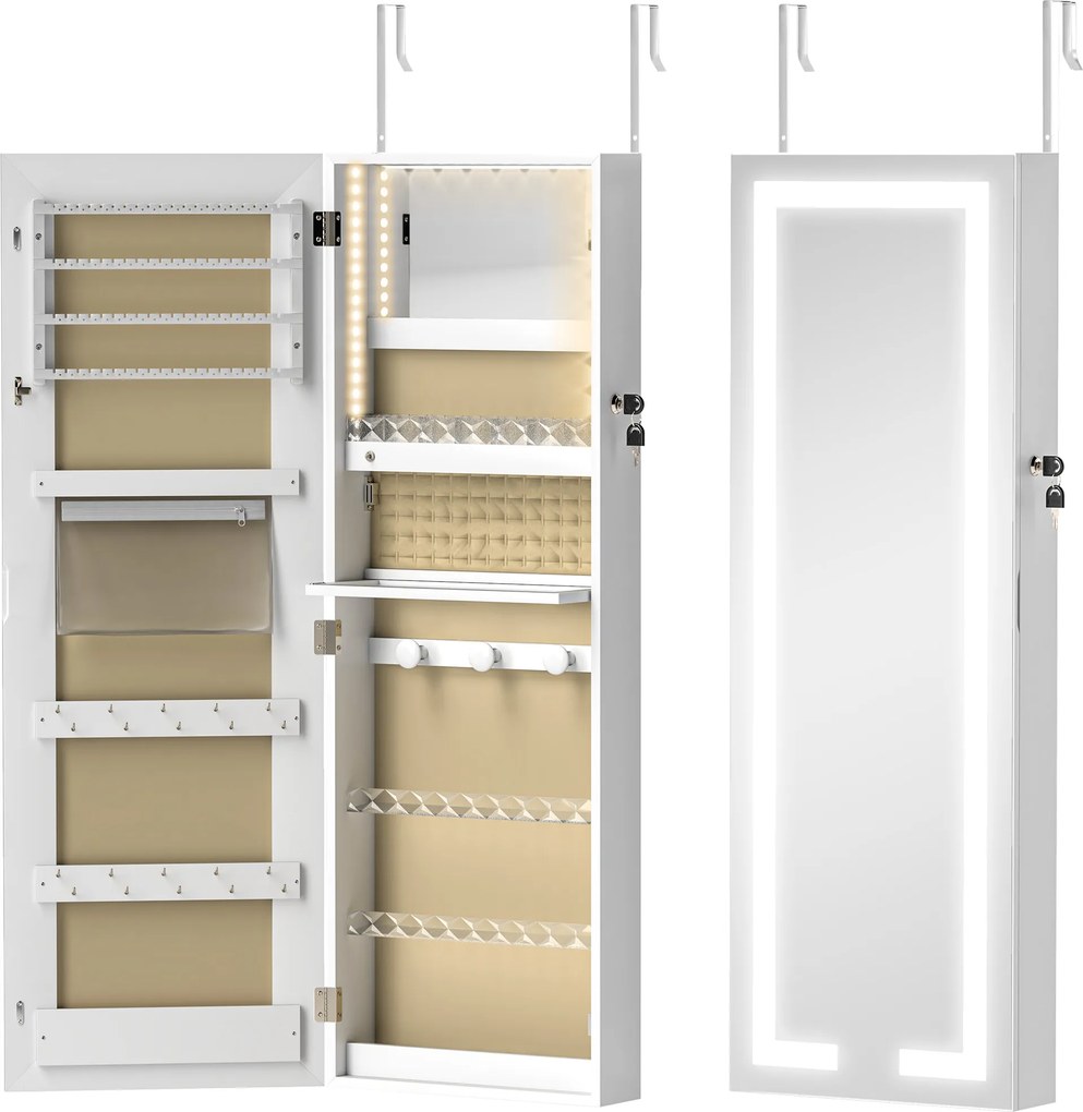 Espelho Joalheiro de Parede com Luzes LED e Fechadura para Pendurar na Parede ou na Porta 37x10,5x108 cm Branco