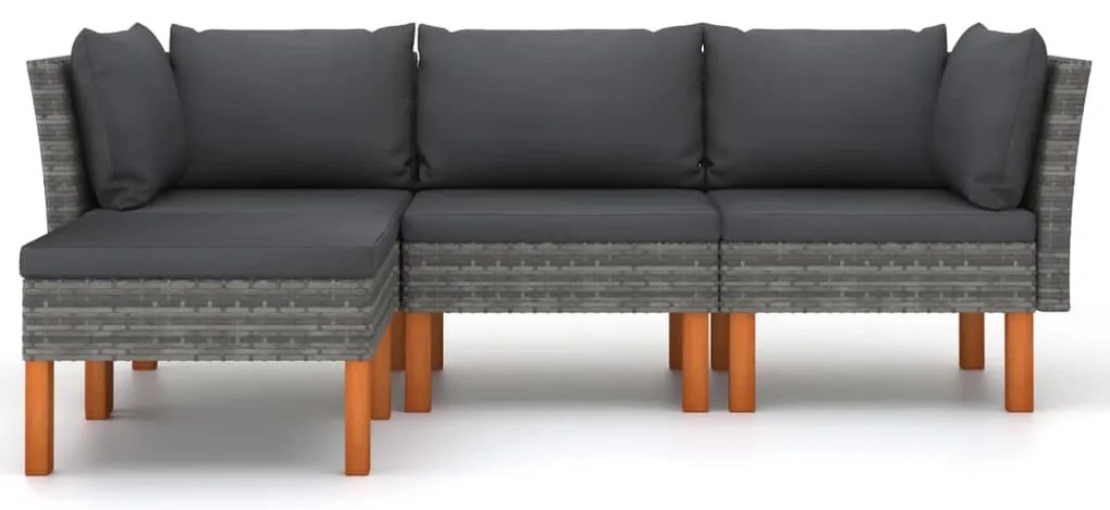 4 pcs conjunto lounge de jardim c/ almofadões vime PE cinzento