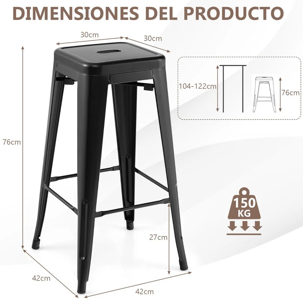 Conjunto de 4 bancos empilháveis de metal com almofadas de borracha e orifício de fixação para cozinha, sala de jantar ou bar 41 x 41 x 76 cm Preto