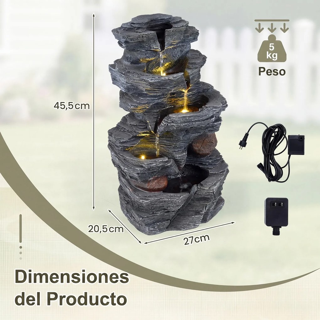 Fonte de Jardim em Cascata, 27 x 20,5 x 45,5 cm, Luzes LED Integradas, Cinzento