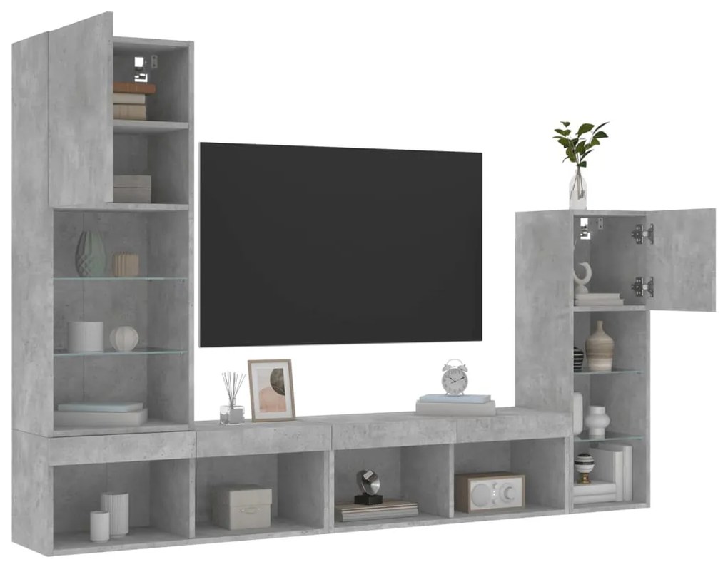 vidaXL 4 pcs móveis parede p/ TV c/ LEDs deriv. madeira cinza cimento