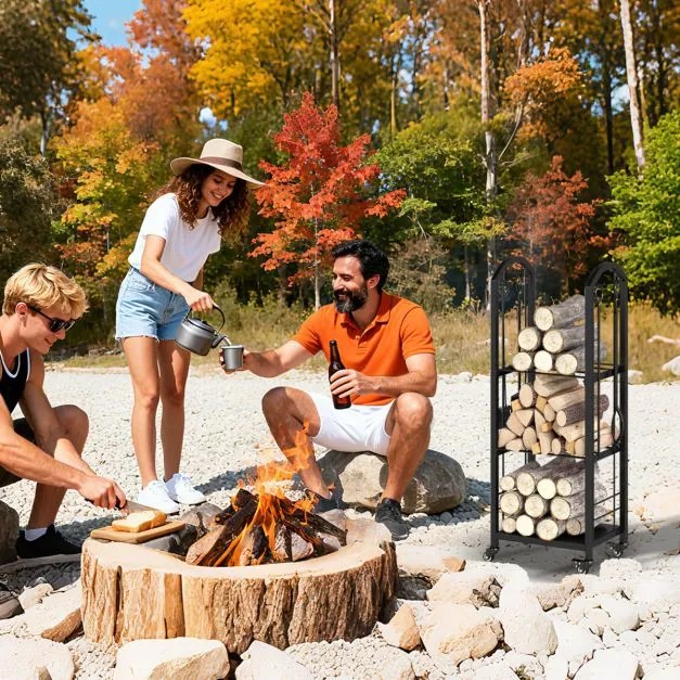 Estante para lenha 40 x 30 x 108 cm de 3 níveis com rodas e conjunto de 5 ferramentas. Inclui tenaz, atiçador, vassoura e pá para interior e exterior