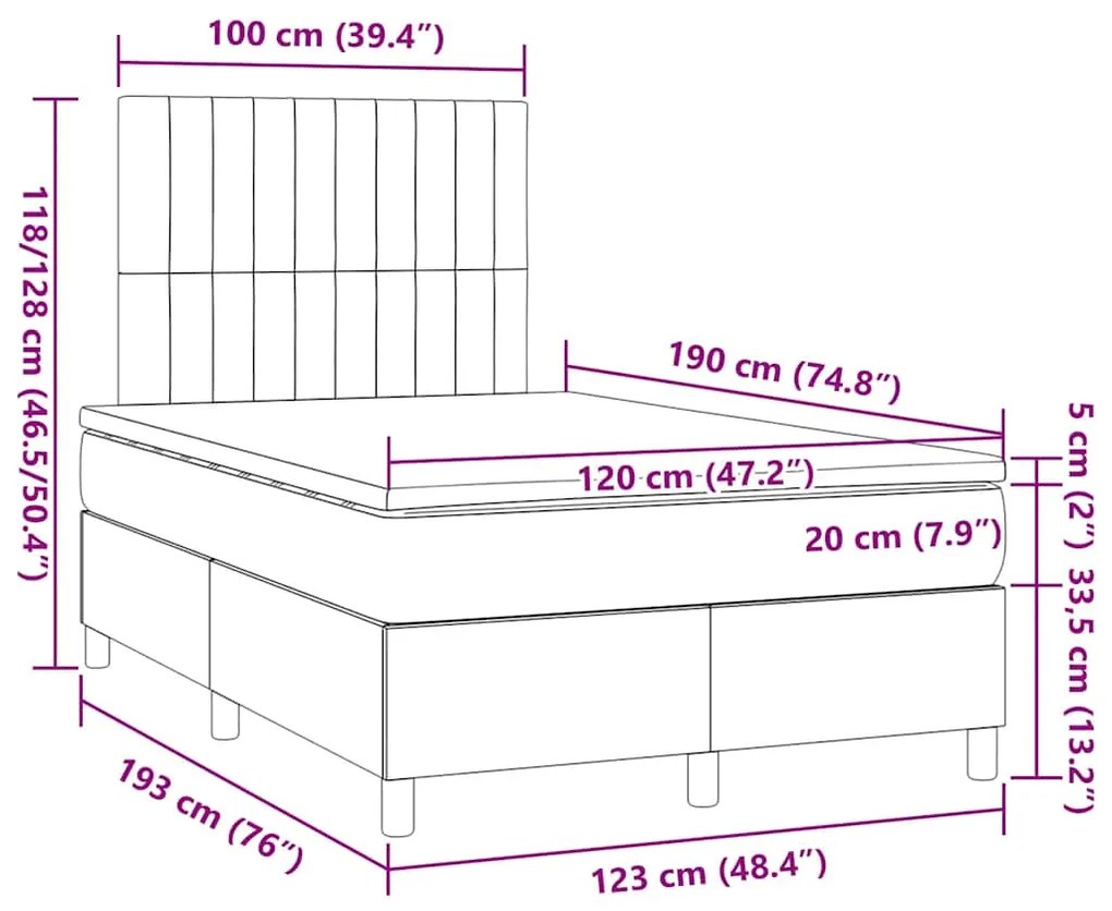 Cama boxspring com colchão 120x190 cm veludo azul-escuro