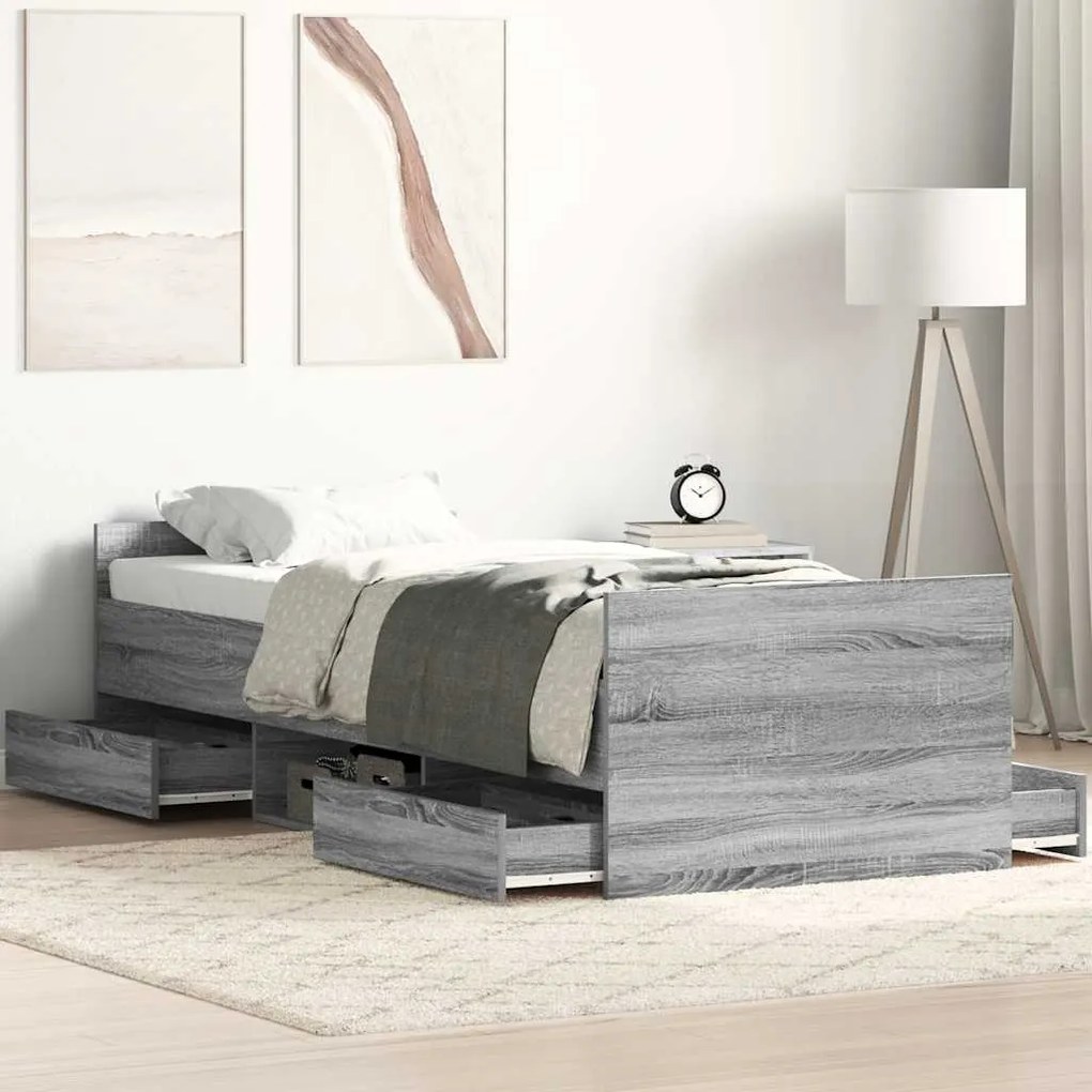 Estrutura de cama c/ painéis de cabeceira e pés cinzento sonoma