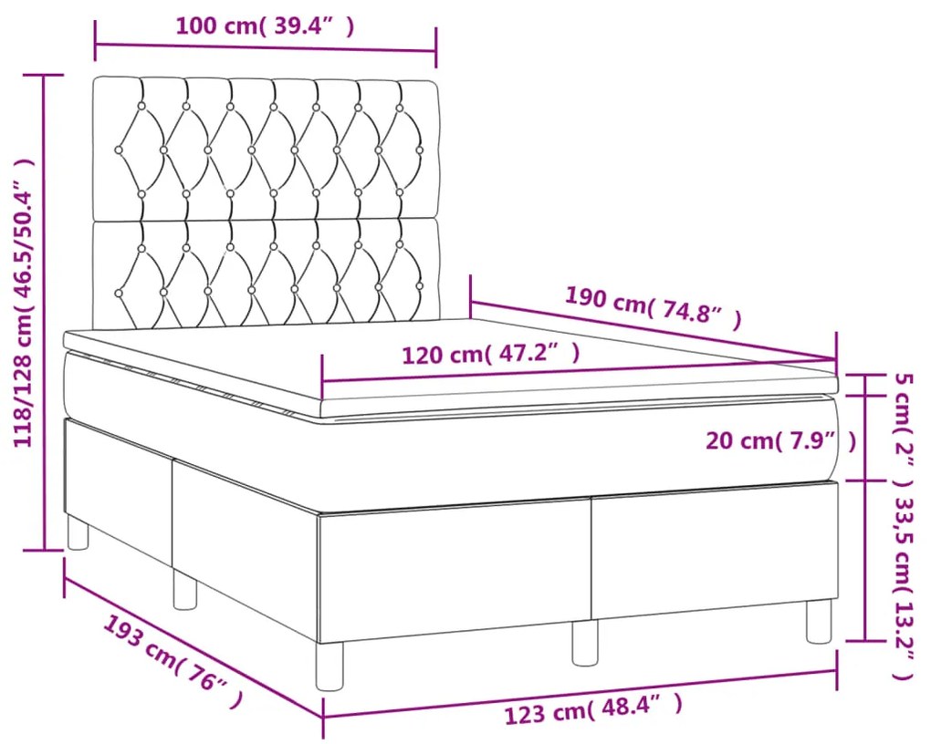 Cama box spring c/ colchão e LED 120x190 cm tecido cinza-escuro