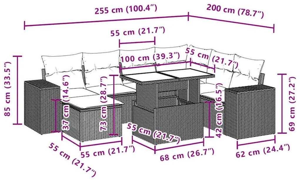 8 pcs conjunto sofás de jardim c/ almofadões vime PE castanho