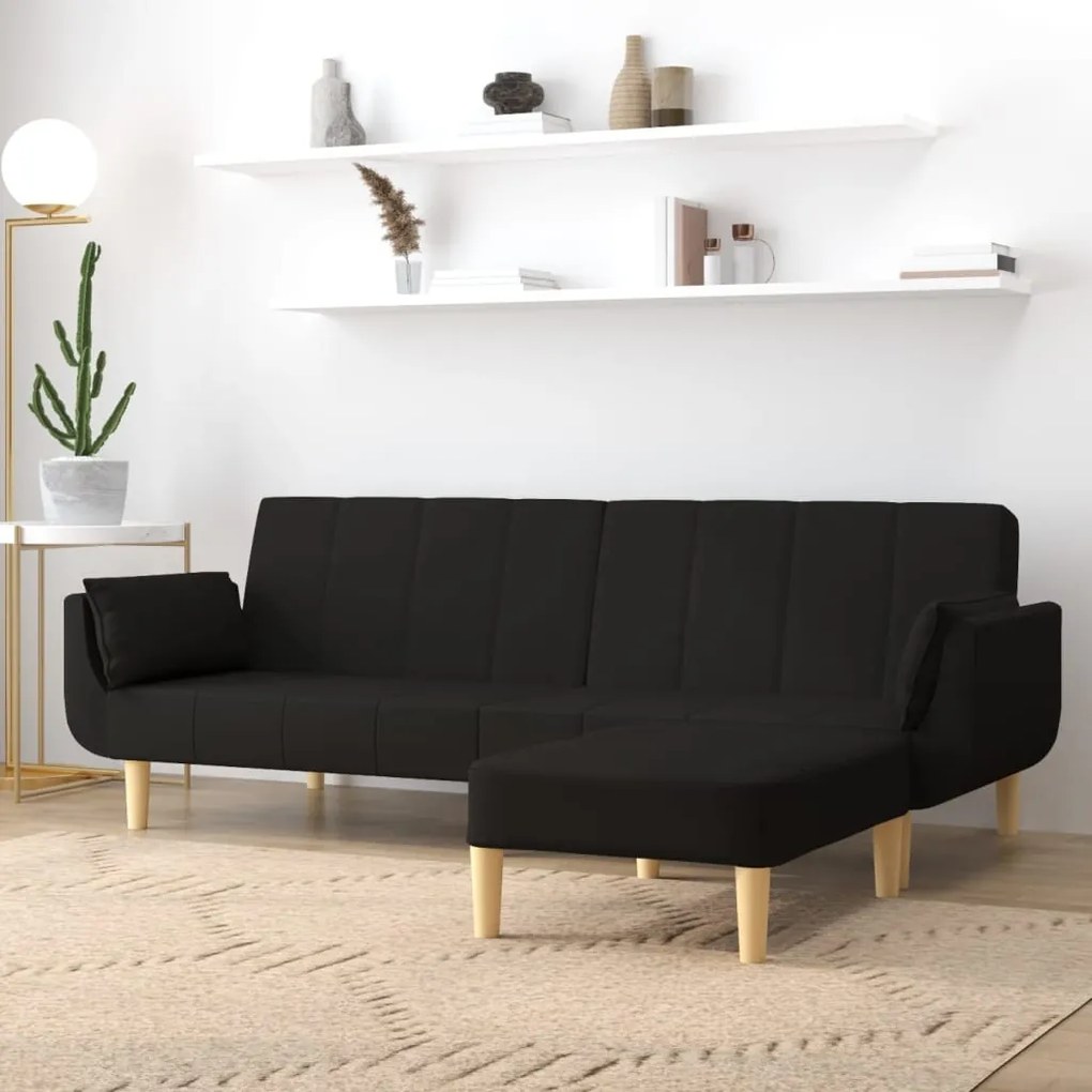 3081775 vidaXL Sofá-cama de 2 lugares c/ banco e duas almofadas tecido preto