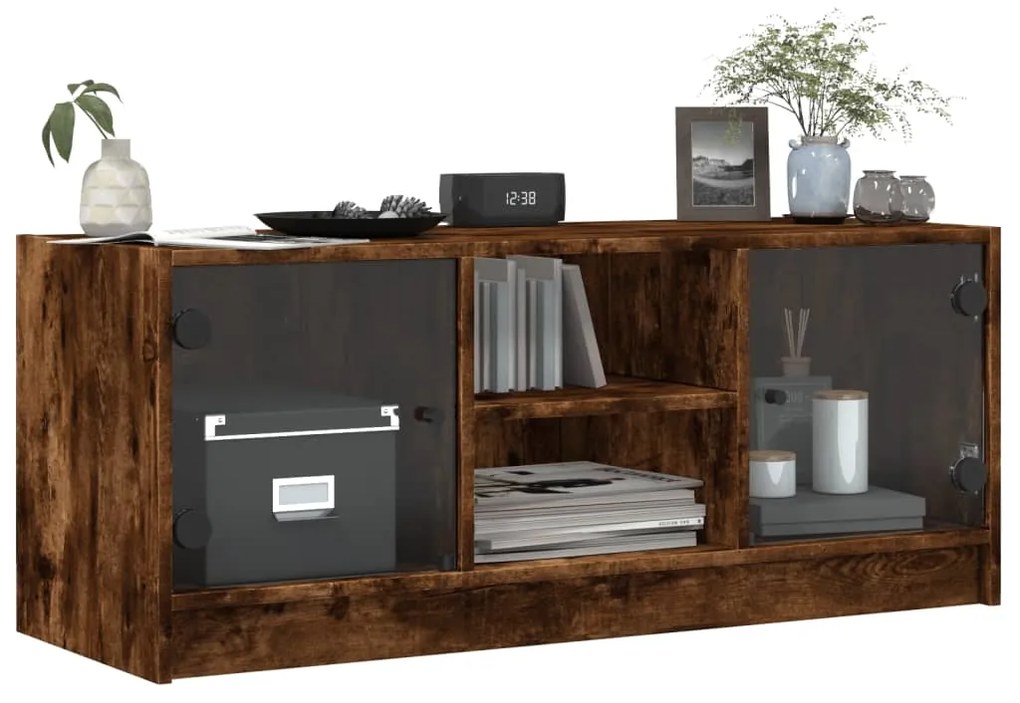 Móvel de TV c/ portas de vidro 102x37x42 cm carvalho fumado