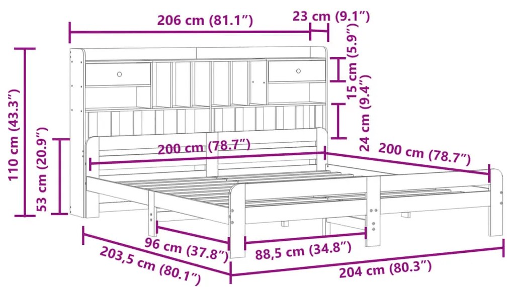 Cama com estante sem colchão 200x200 cm pinho maciço branco